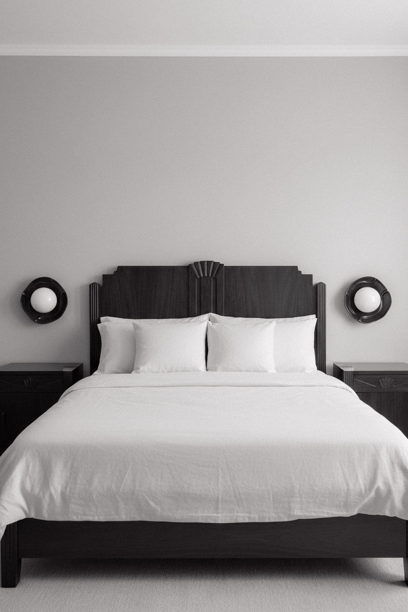 A monochrome bedroom with two sculptural Orb wall sconces
