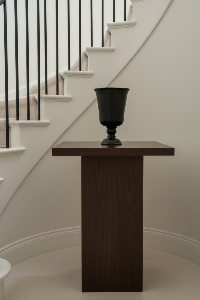 Dark sculptural vessel on a wood pedestal by a staircase