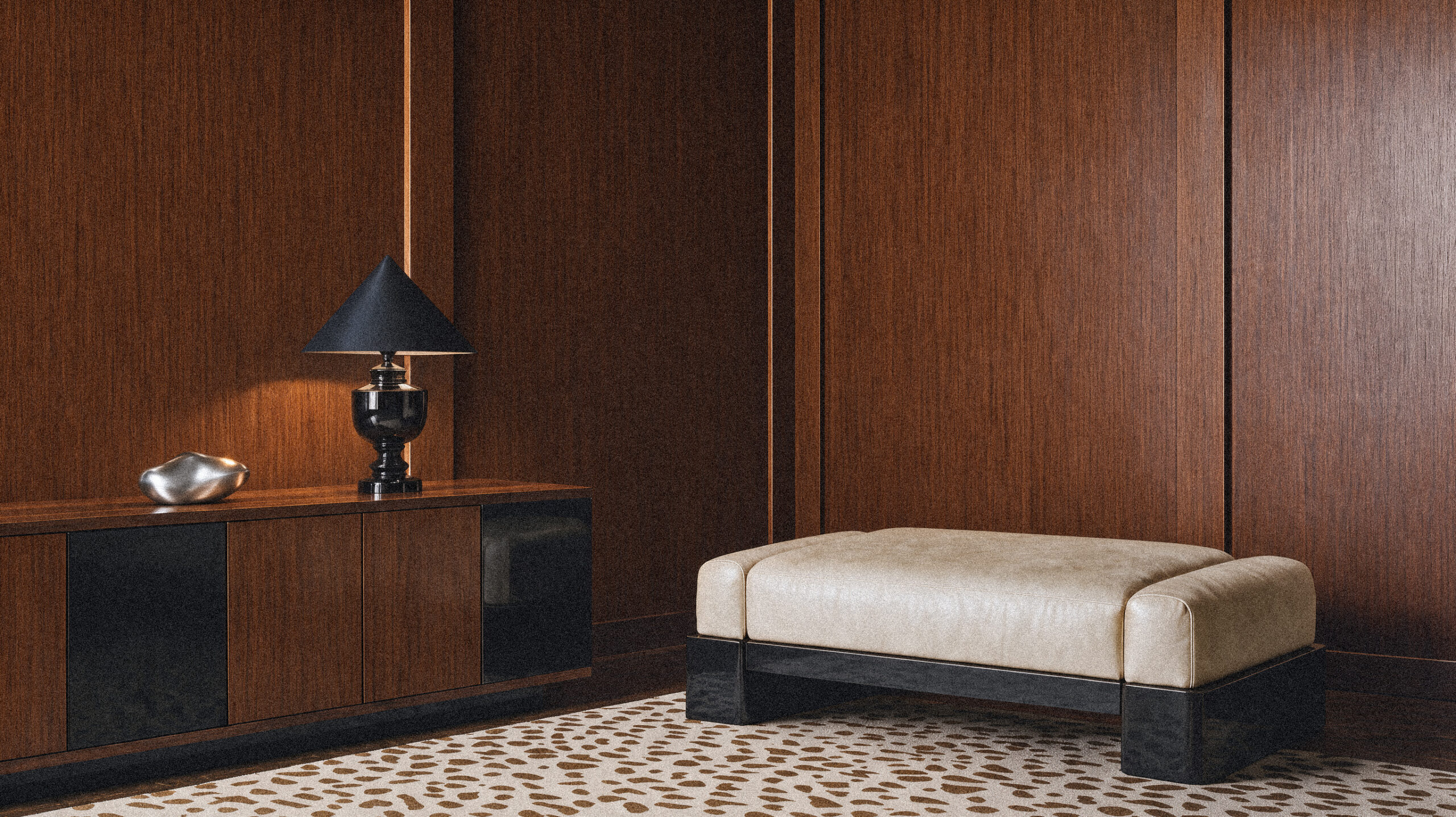 Black ceramic table lamp in a warm wood-panelled interior